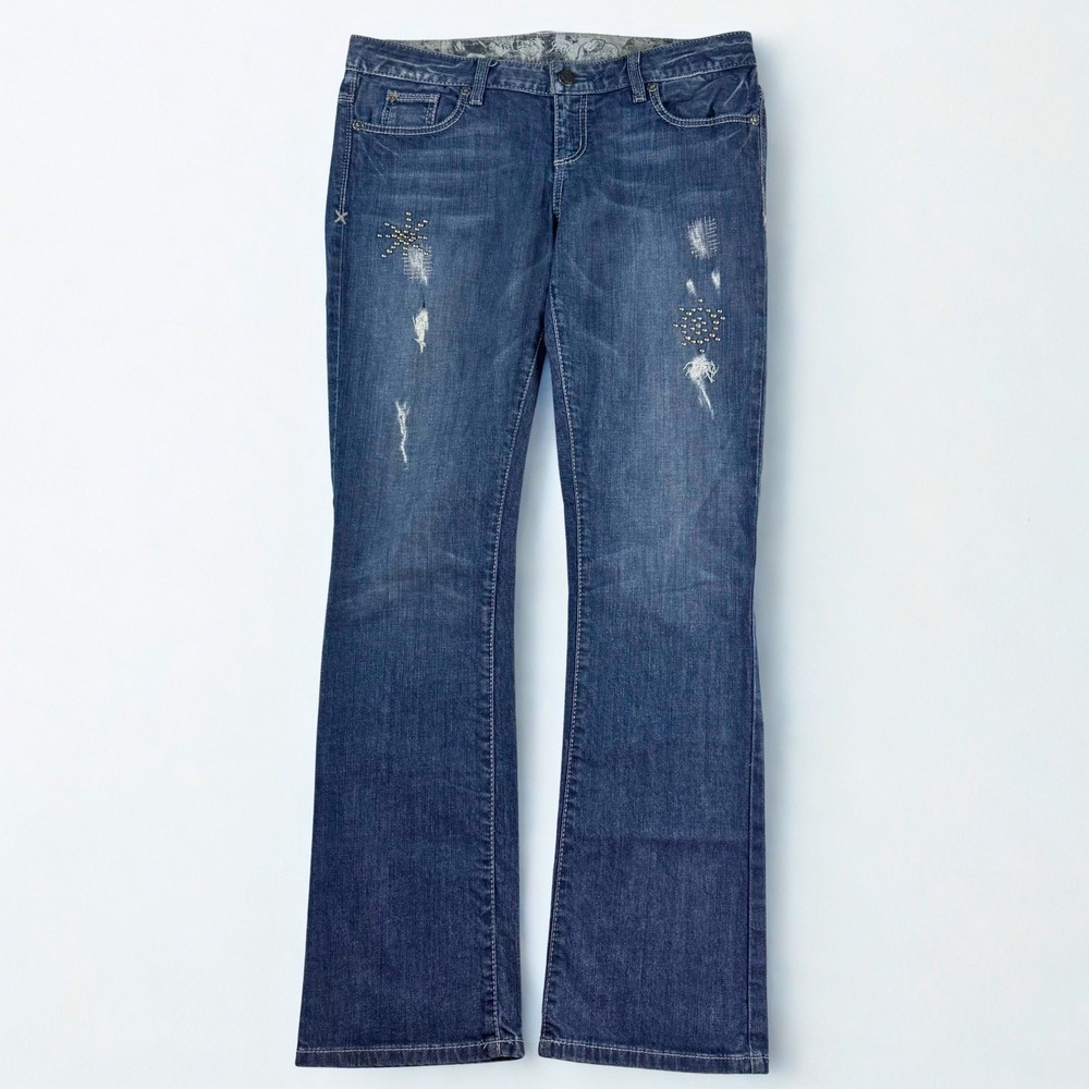 Vintage‎ Guess Bootcut Jeans Womens 32 Blue Distressed Studded Pocket Y2K Indie